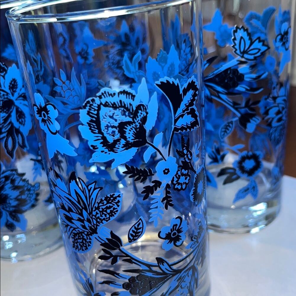 Set of 3 Cristar Mikonos Blue Floral Flowers Highball Tumbler Glasses